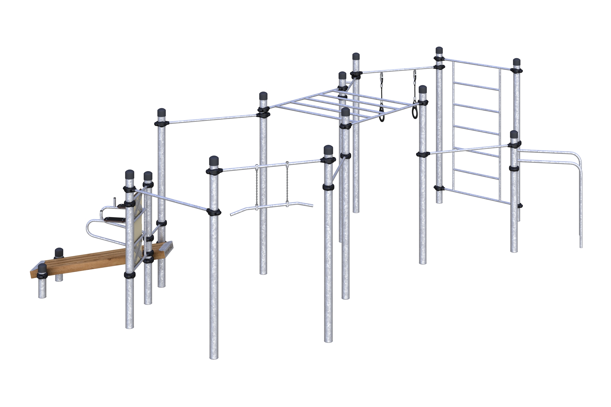 W-03-015 Турники разноуровневые, шведская стенка, рукоход, брусья,наклонная лавка и гимнастические кольца