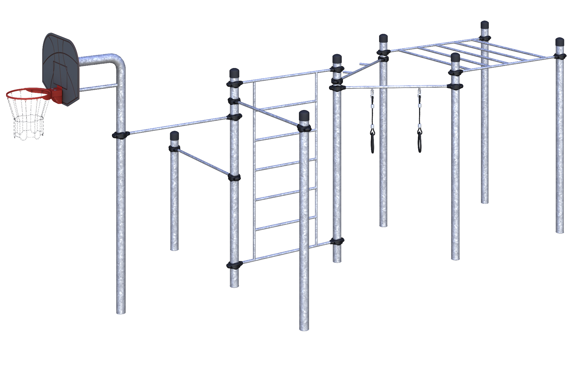 W-06-004 Баскетбольная стойка, турник, рукоход, брусья и гимнастические кольца