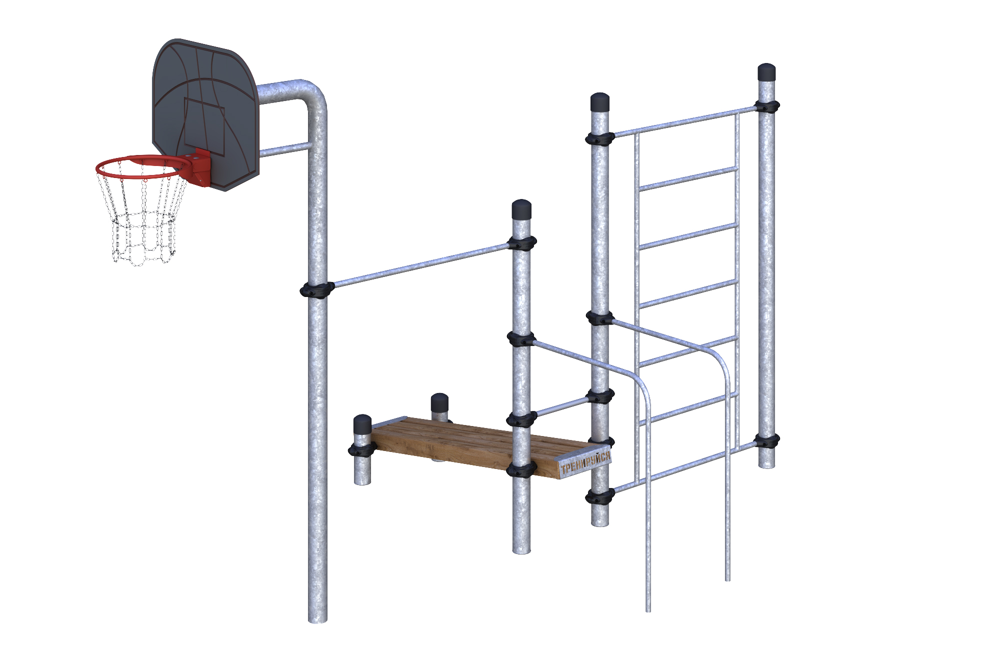 W-06-005 Баскетбольная стойка, турник, брусья, шведская стенка и лавка