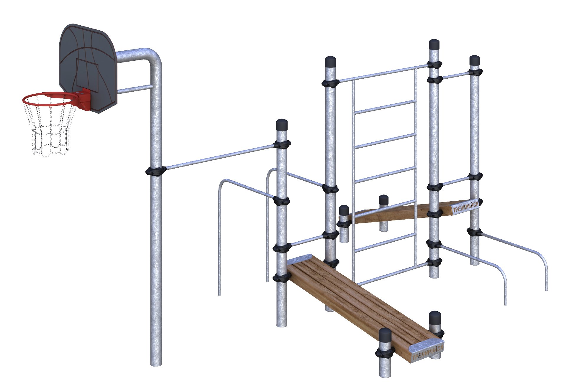 W-06-008 Баскетбольная стойка, турник, брусья, шведская стенка и лавки
