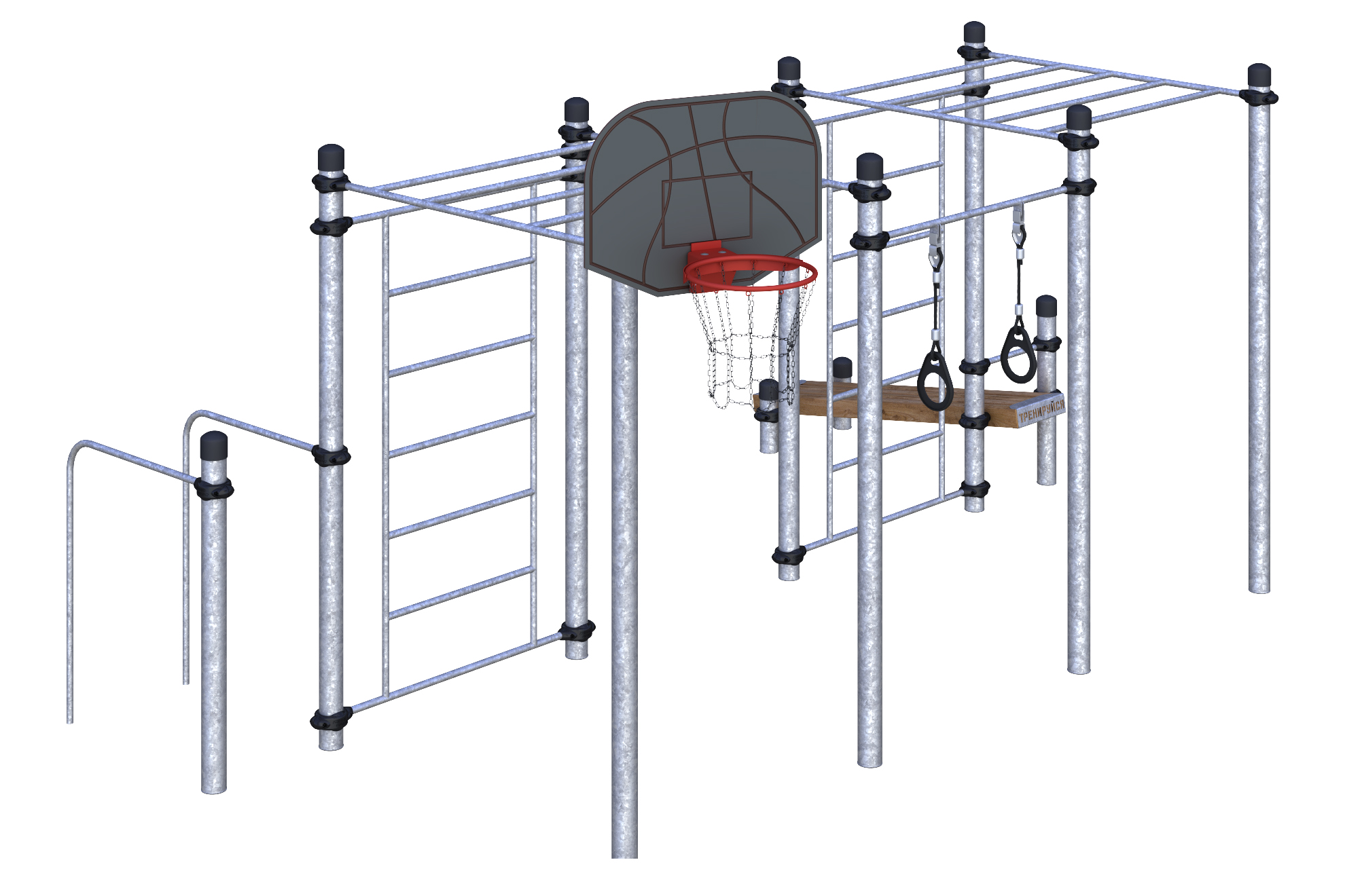 W-06-009 Баскетбольная стойка, турники, брусья, рукоход, шведская стенка и лавка
